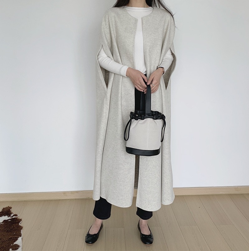 ポンチョコート ロングジレ 羽織り グレー ブラウン 黒 韓国 レディース オルチャン トップス アウター 袖なし ノースリーブ ラウンドネック 襟なし 前開き かわいい 大人可愛い