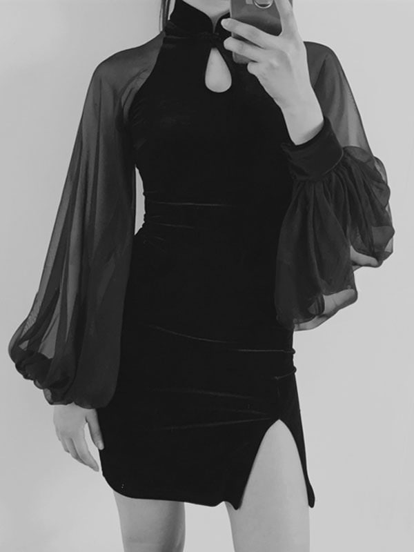 【2点購入で150OFF】【新品開催 】ゴシックロリータドレスQipaoシアーパフスリーブスリットベロアチャイニーズスタイルロリータドレス