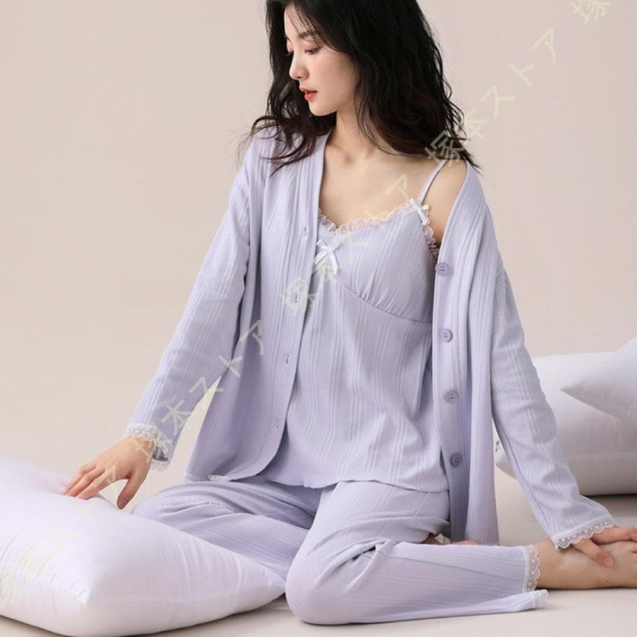 パジャマ レディース 長袖 前開き 3点セット ルームウェア 綿 カーディガン ナイトウェア 上下セット スリップウェア 夏用 部屋着 セットアップ キャミソール