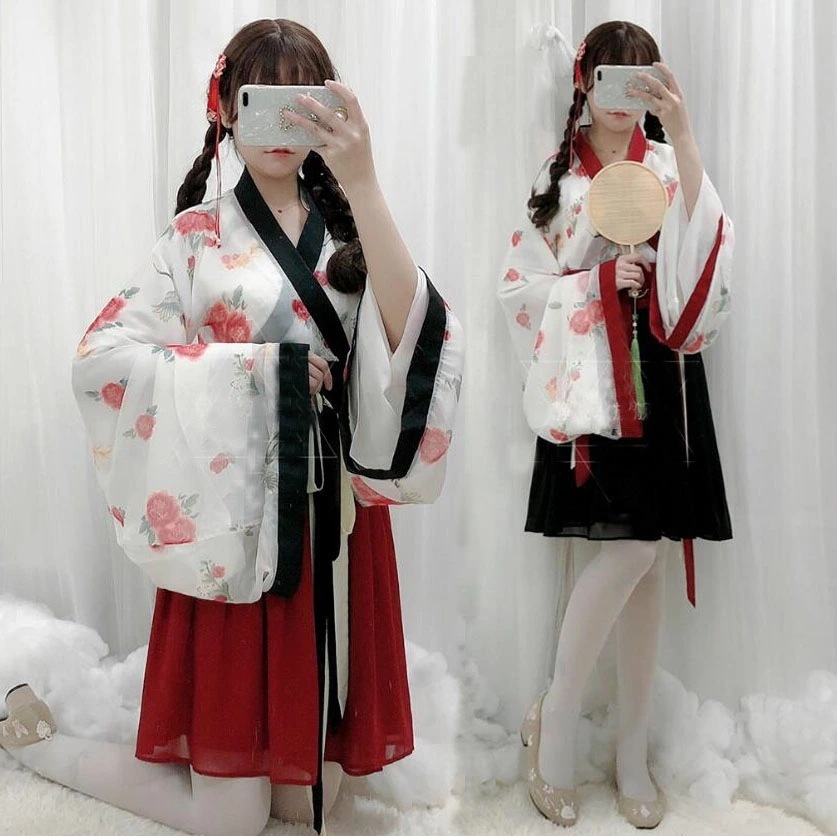 迅速な出荷 着物 コスプレ衣装 着物ドレス 漢服 チャイナ服 中華ドレス レディース 大人 可愛い 着物3点セット 和風 中華風 ハロウィン コスチューム 仮装 変装 花柄羽織 膝丈スカート ショート
