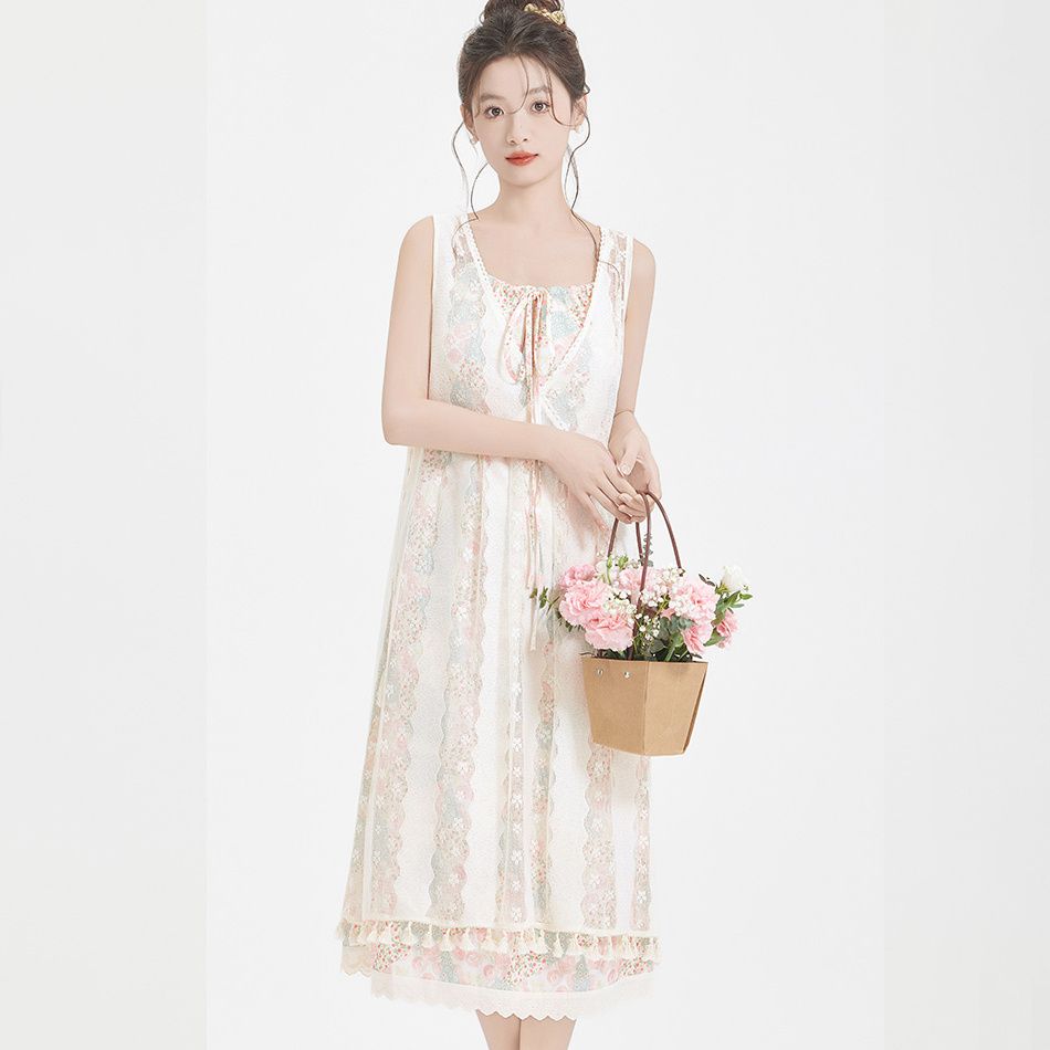 新品ファッション 二点セット 牧歌的なスタイルのドレスフローサスペンダードレスロマンスブラウススカートスーツ2セット