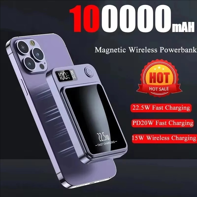 ワイヤレス磁気充電器,ポータブル外部バッテリー,急速充電,デジタルディスプレイ,ホット,100000mah,22.5w - 509