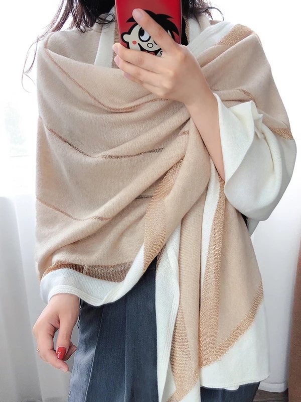 心に柔らかく! 女性のカシミヤスカーフ,フレンチスタイル,ロングステッチ,ゴールド糸,秋冬用