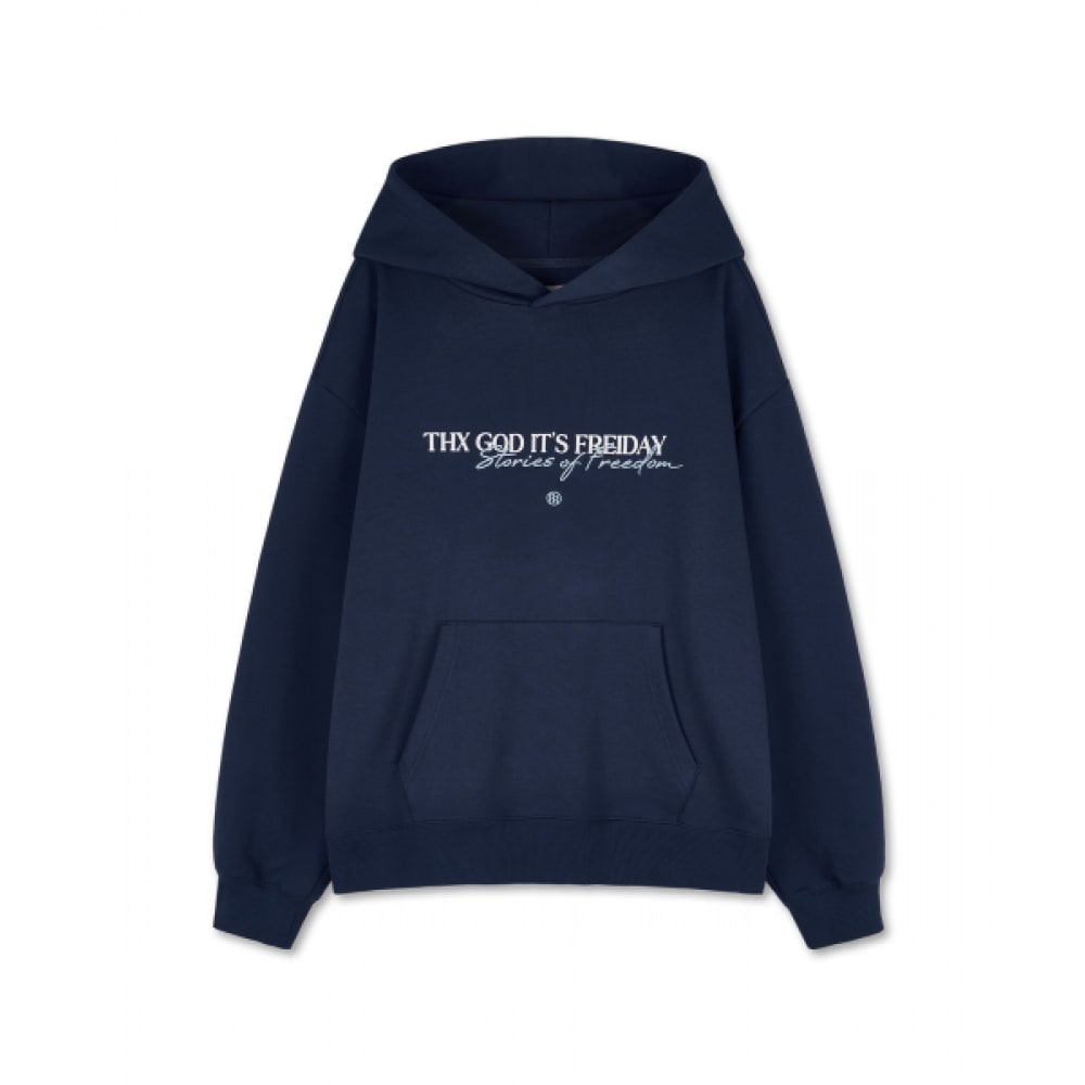 スローガンレタリングフード付きTシャツ (DEEP BLUE)