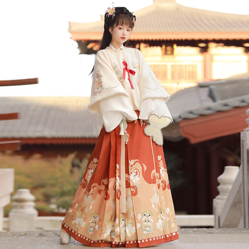 新年を祝う厚い明製漢服の女性用ベルベット冬馬スカート中国風古代衣装冬スタイルフルセット