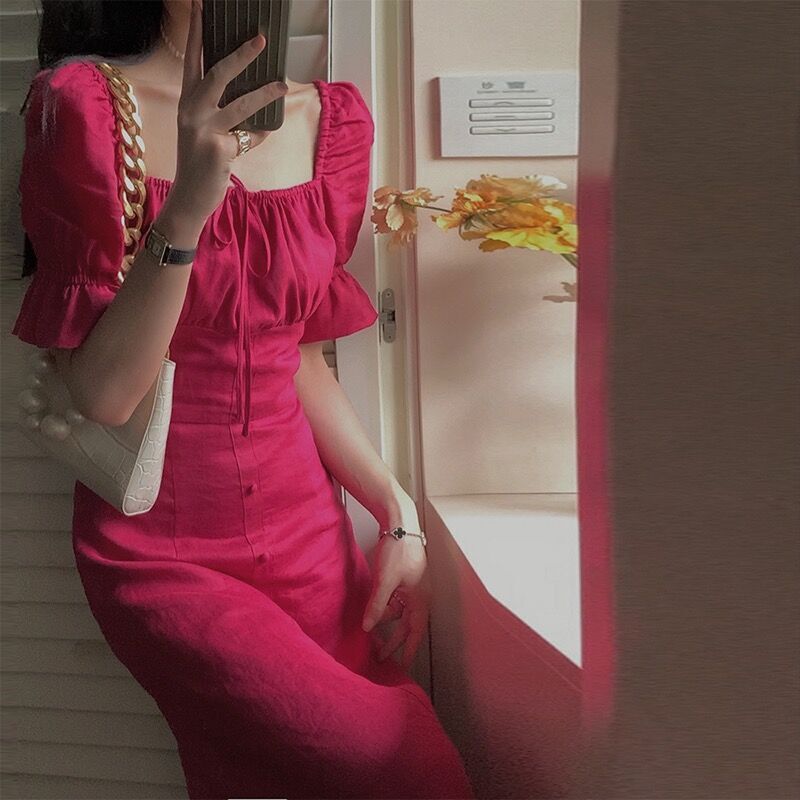 ワンピース レトロ クラシカル 膝下 ミモレ丈 袖あり 半袖 パフスリーブ スクエアネック 襟付き 細身 リボン ハイウエスト ピンク 大人可愛い きれいめ シンプル カジュアル 大人 お洒落 個性的半袖ロング・マキシ丈ワンピ