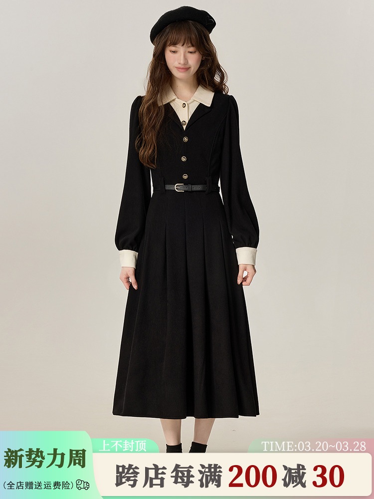 三寸薯【巴塞旧事】フランス式小香風黒ワンピース春高級感教資面接スカート