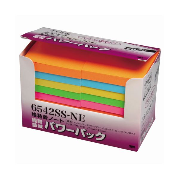 （まとめ） 3M ポストイット パワーパック 強粘着ノート 75×75mm ネオンカラー5色 6542SS-NE 1パック（20冊） (×2セット)
