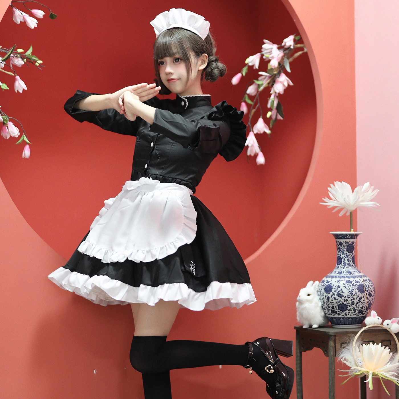 中国風カンフーメイド服 レディース 大きいサイズ 長袖メイド コスプレ衣装 パフォーマンス服