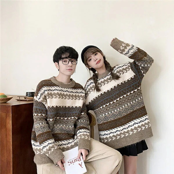 ペアルック セーター カップル クルーネック ニット モカ ペアセーター カップルウェア ご夫婦 カップルお揃いで 長袖 男女兼用 メンズ 春 秋冬 クリスマス ペアファッション 20 大きいサイズ