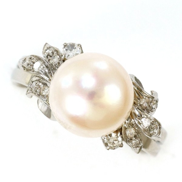 K10 10金 WG リング 指輪 10.5号 パール(真珠) 約9mm ダイヤ ジュエリー 中古