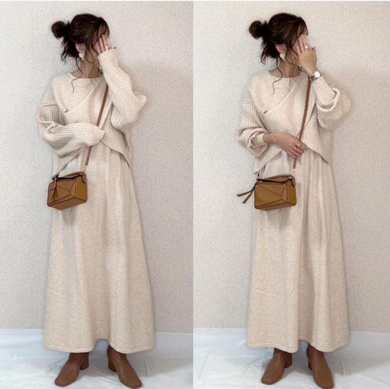 作気質百掛けニットセットアップセータートップスロングスカート二点セット可愛いレディースファッション福袋大きめサイズ