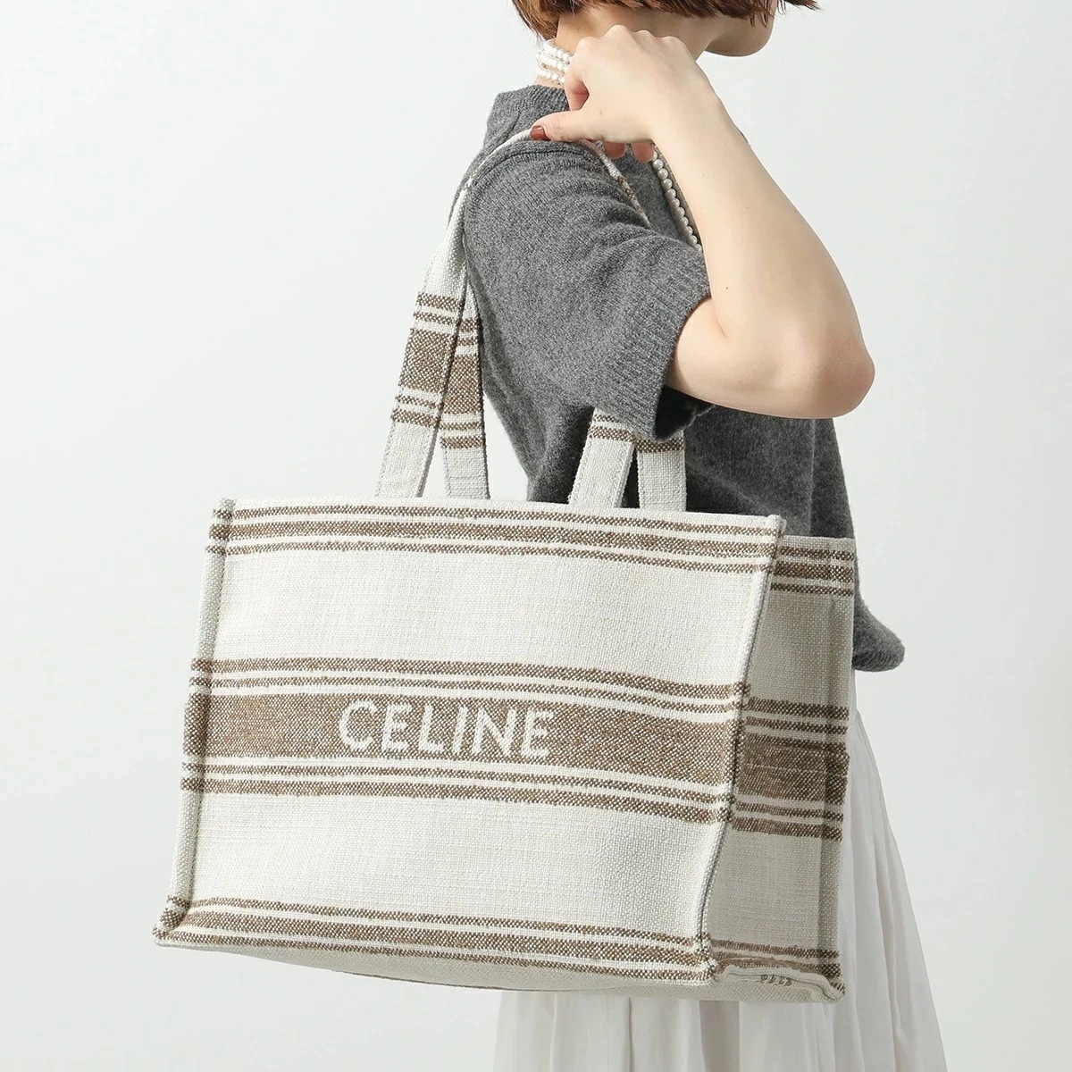 CELINE セリーヌ トートバッグ Large Cabas ラージ カバ 196762EZ7.18TN レディース テキスタイル ロゴ ストライプ 鞄 Tobacco/Tan