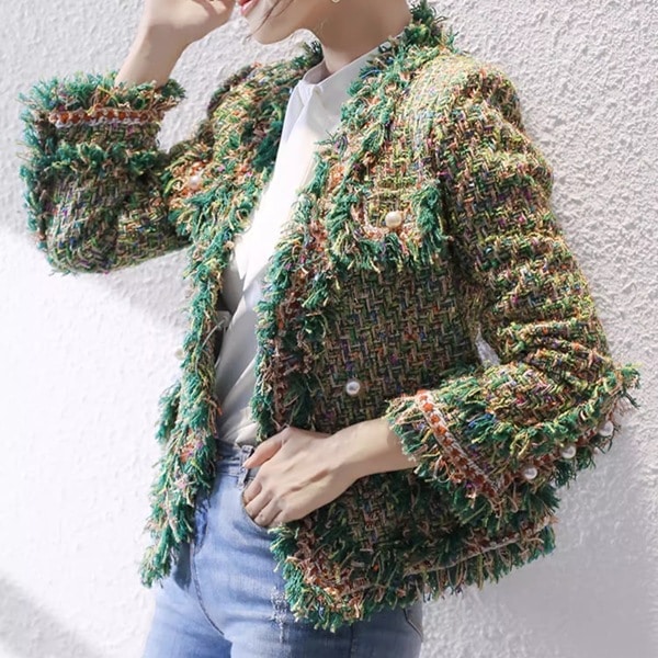 レディースツイードジャケット トップス ジャケット スタイルコート 上着 ミドル丈 長袖 襟なし ノーカラー ストレート ツイード バイカラー パール ビジュー フリンジ 大人可愛い カジュアル