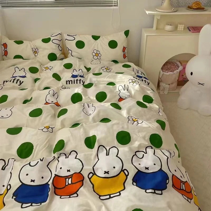 ミッフィー 100綿 純綿裸で寝 ベッドシーツ+布団カバー+枕カバー 純綿3点/4点セット 可愛い フリル付き 柔らか 肌触り おしゃれ 寝具 布団セット