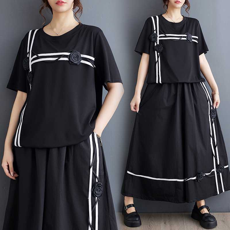 「ファットガール」 2024夏新品 上下セット 花飾り Tシャツ＋ワイドパンツ 大きいサイズ 体型カバー レディース セットアップ メガ割30%までに制限