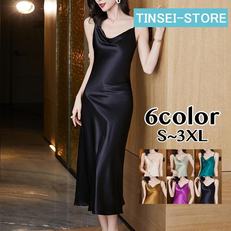 [輸送費無料][七月の新柄]ワン キャミソール ロング丈 レディース Vネック ノースリーブ 無地 Aライン 無地 サテン調 光沢感 ツヤ感 大きいサイズあり ビッグサイズ2025ワン キャミソール
