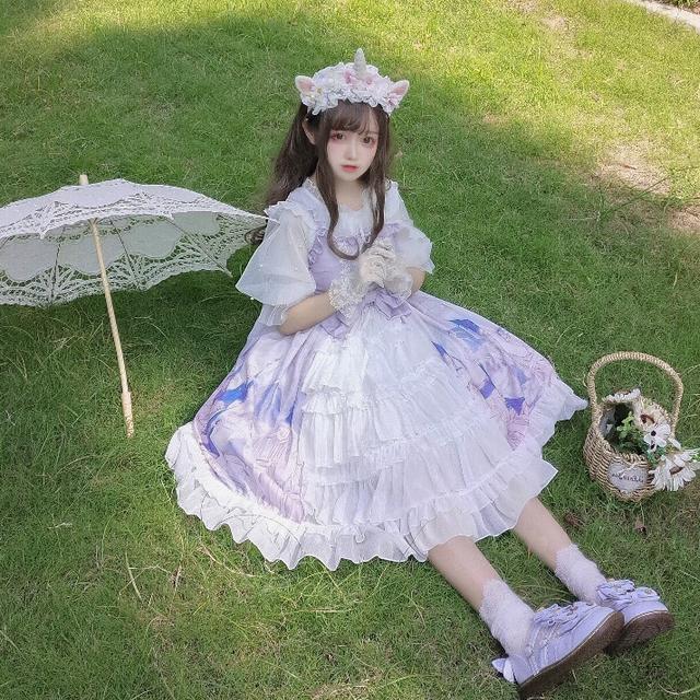 ロリータ ワンピース サロペット ドレス 可愛い 甘ロリ 学生 女性 フルスカート レース ピンク 白 日系 ロング フェミニン