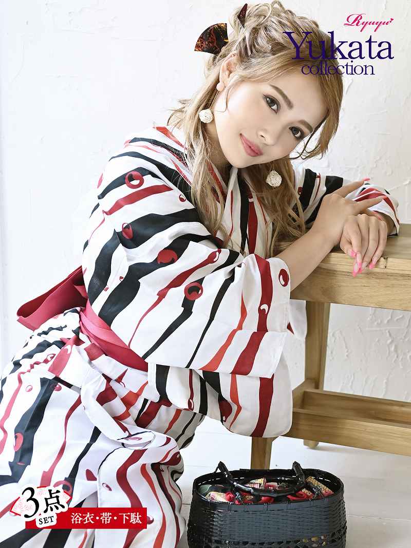 しゃぼん玉 縦縞模様 キャバ浴衣 ストライプ レトロモダン シンプル 3点セット 和装 レディース和装 白 Ryuyu