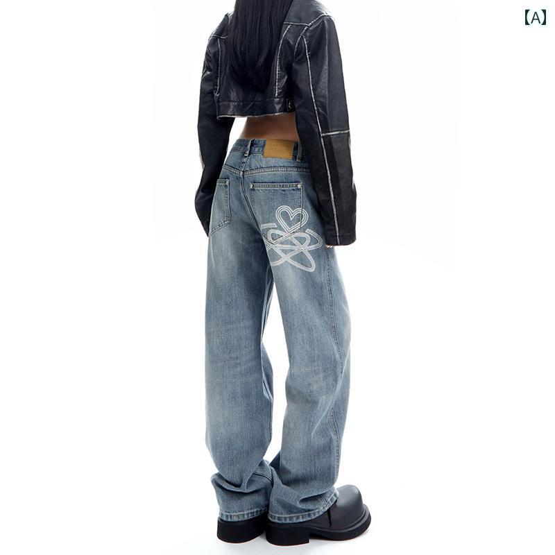 デニムパンツ レディース ジーンズ おしゃれ カジュアル ローライズ ウォッシュド 刺繍 秋冬 ストレート パンツ 韓国 ブルー 10,579円