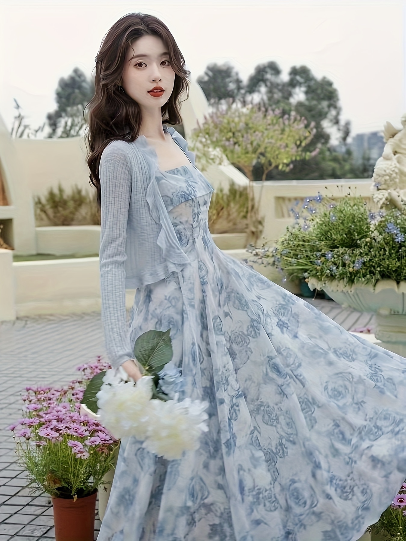 エレガントなフローラルプリントストラップドレスセット長袖フリルトリムオープンフロントリブカーディガン＆スクエアネックノースリーブAラインドレスレディース服 5,645円