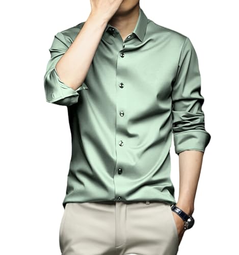 [うみしも] スーツシャツ 形状記憶 微ストレッチ 高通気性 無地 レギュラーカラー メンズ yシャツ 長袖 立体縫製 オールシーズン ライトグリーンシャツ ポケットなし(首回40,薄緑色)