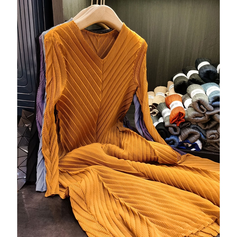 Vネック綾柄シワワンピース気質通勤純長袖ミディアムロング