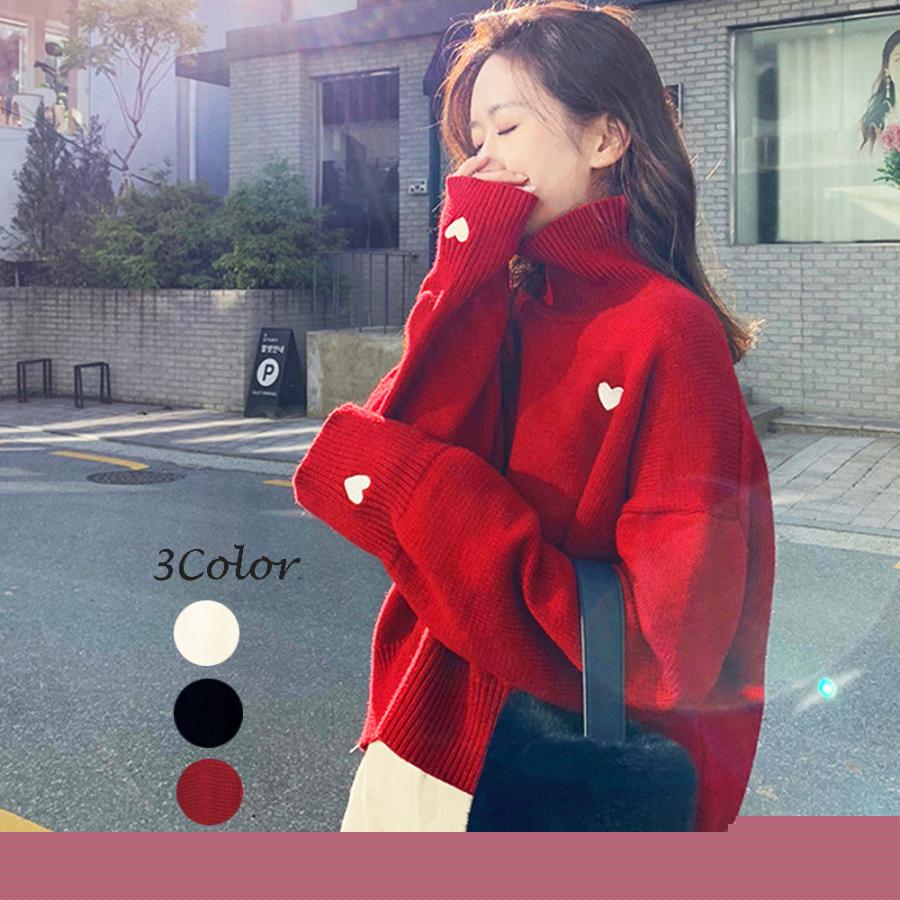 ニットセーター ハイネック ハート柄