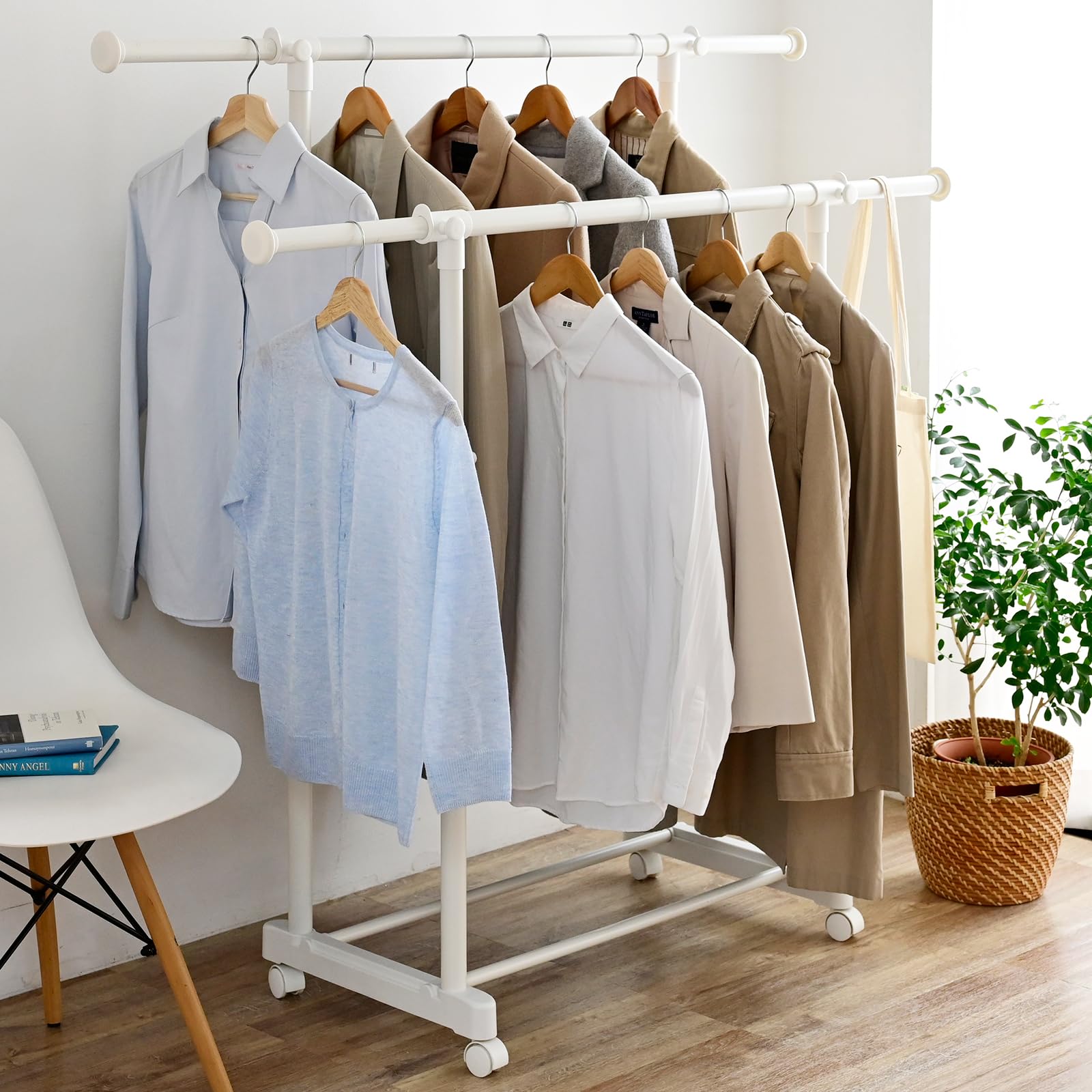 山善(YAMAZEN) ハンガーラック キャスター付き 縦/横伸縮 ダブル 幅86-140×奥行43×高さ89-152cm 組立品 オールホワイト MKS-WS(AWH)