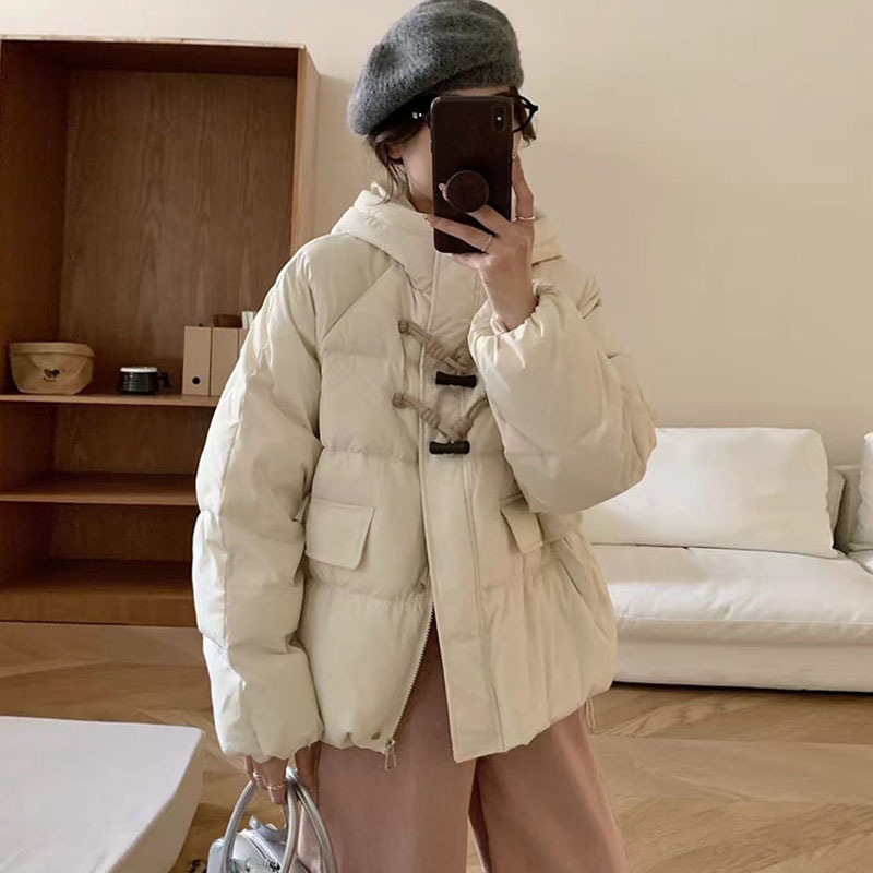 木製バックル2025年秋冬新作フード付きダウンジャケットレディースオールマッチスウィート厚手ホワイトダックダウンパファージャケット