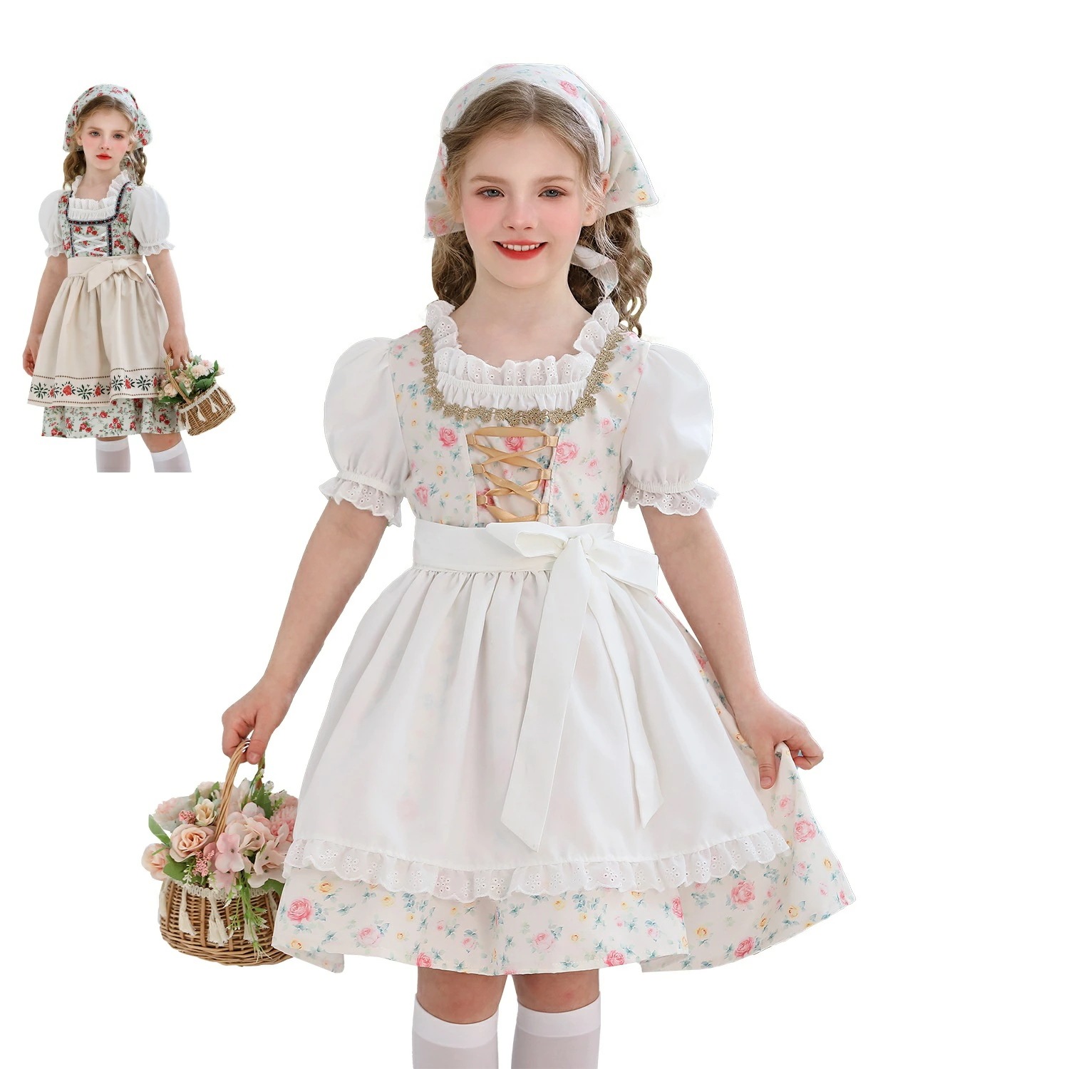 【新作登場 最安値】子どもワンピース 半袖ワンピ 子供ロリータ服 ロリータワンピース 小花柄 3点セット エプロン付き フリル お嬢様プリンセス 女の子 森系 森ガール キッズワンピース 可愛い 普段