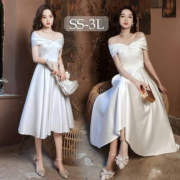 【激安販売】ウェディングドレス オフショルダー ホワイト 白 ミモレドレス シンプル 袖あり 背中開き 編み上げ 花嫁 結婚式 披露宴 お呼ばれ 20代 30代 40代 前撮り 後撮り フォト婚 bi