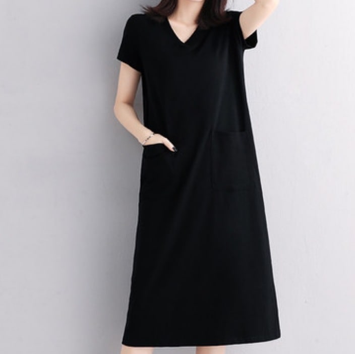 ワンピース デート かわいい 大人可愛い きれいめ シンプル カジュアル 大人 上品 おしゃれ Vネック ミモレ丈 ストレート 半袖 無地 ポケット付き 韓国 楽ちん レイヤード 着回し 3XL モテ
