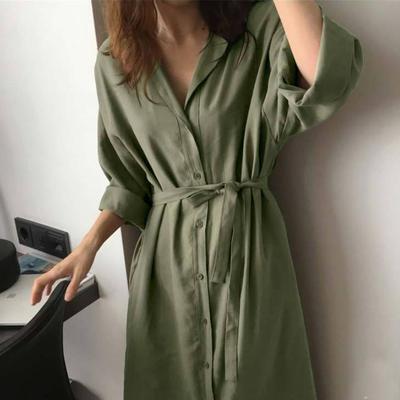 ワンピース シャツ シャツワンピース ロング ロング丈 袖あり 長袖 かわいい 大人可愛い きれいめ 襟付き 長袖 ロング丈 シャツワンピース 無地 オフィス 通勤 通学 ロングシーズン XL 韓国