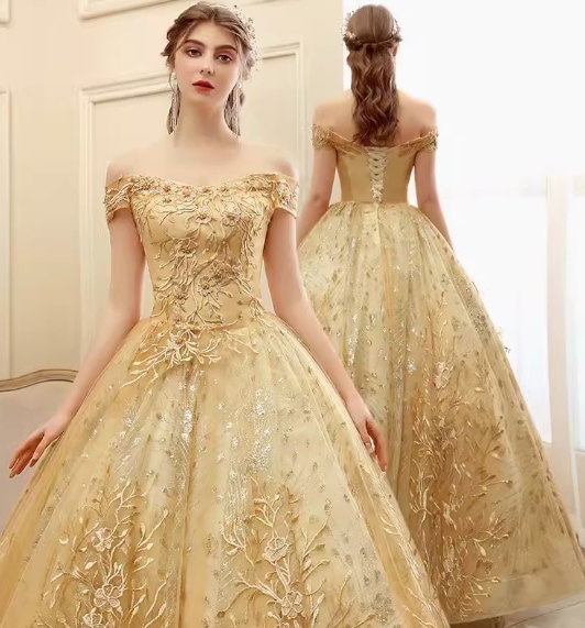 ドレス 衣装 ウエディングドレス 結婚式 披露宴 演奏会ドレス ステージドレス ロング丈 半袖 パフスリーブ 胸元 刺繡 シースルー ウエストマーク かわいい 大人可愛い きれいめ シンプル 大人 9,071円