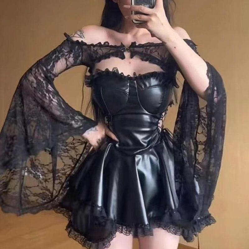 INS話題今人気の2026夏レースフレアスリーブカーディガン＋ギャルフィット胸あてスカート2点セットおしゃれで愛されるドッキングワンピース コスチューム