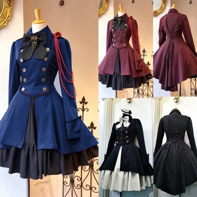 【期間限定特価】ロリータ 膝丈ワンピース ドレス ゴシック ゴスロリ ロリータ 軍服 貴族風 長袖 コスプレ 衣装 母の日のプレゼント