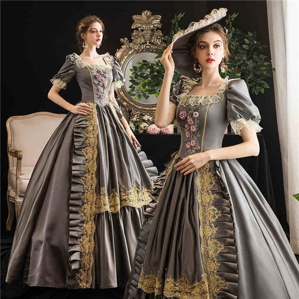 【フリーサイズ】貴族 衣装 ロング ドレス 演奏会 ステージ 女性 貴族 ステージ ピアノ 発表会 おしゃれ 中世ドレス 高級 豪華 中世貴族風 お姫様 舞台 役者 オペラ グレー