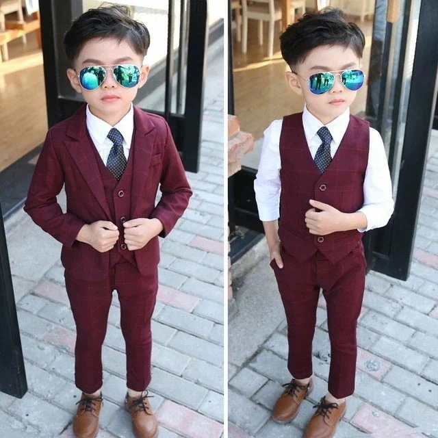 子供スーツ 6点セット 入学式 卒業式 男の子スーツ ワイン赤 チェック タキシード 礼服 結婚式 子供服 キッズスーツ ピアノ発表会 ジャケット＋ベスト＋シャツ＋ズボン＋蝶ネクタイ＋ネクタイ 子ども