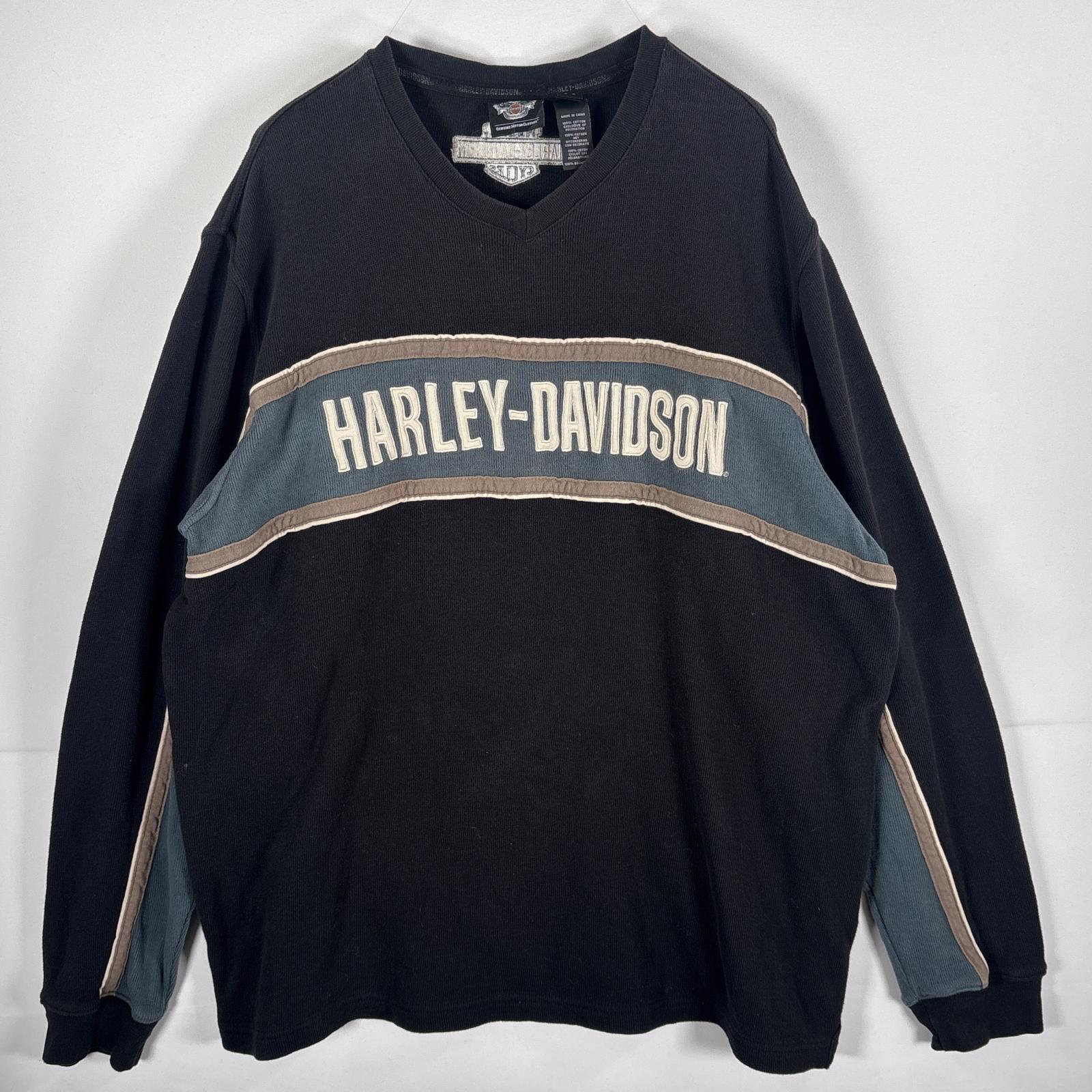 古着 長袖 コットンニット Vネック セーター 刺繍ロゴ ワッペン XXL ブラック メンズ