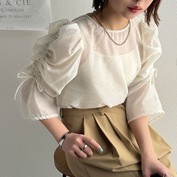 レディース トップス シャツ 7分袖 ボリューム袖 バルーン袖 ラウンドネック かわいい 大人可愛い きれいめ シンプル カジュアル 上品 おしゃれ かっこいい こなれ感 ラフ 個性的 クール OL