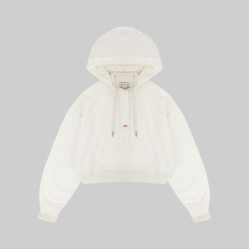 CKテクスチャード プルオーバー クロップ ド ニットスウェット フーディ