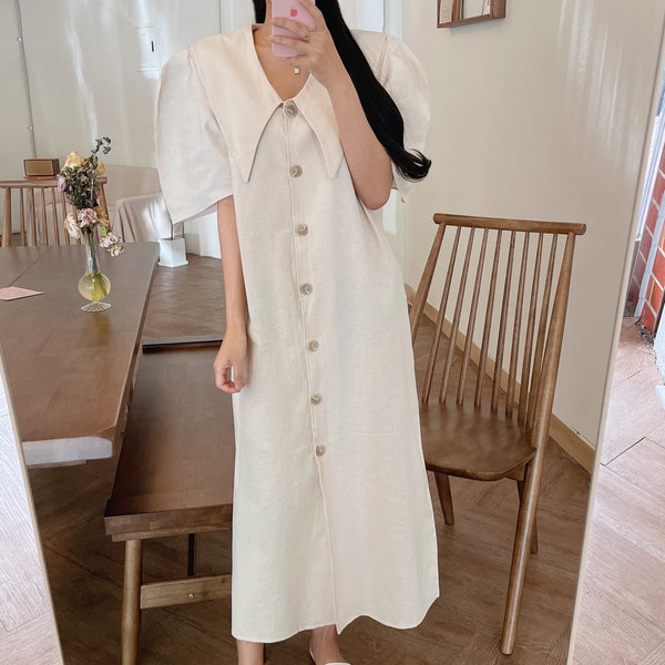 퍼프 소매 셔링 오버핏 허리끈 빅카라 롱 린넨 원피스