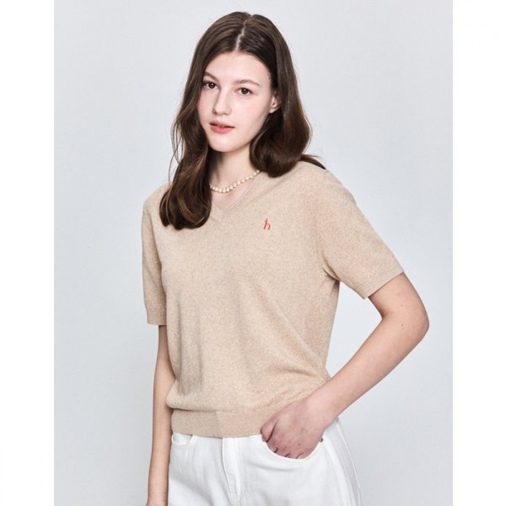[25SS] オーガニックコットンブレンド Vネックショートスリーブプルオーバーベージュ HSSW5BC41I2