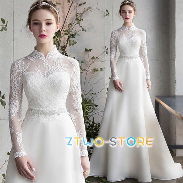 ウェディングドレス 袖あり 長袖 ウェディングドレス 大きいサイズ 3L 4L 小さいサイズ ウェディングドレス 二次会 シンプル 上品 レース 刺繍 スタンドカラー