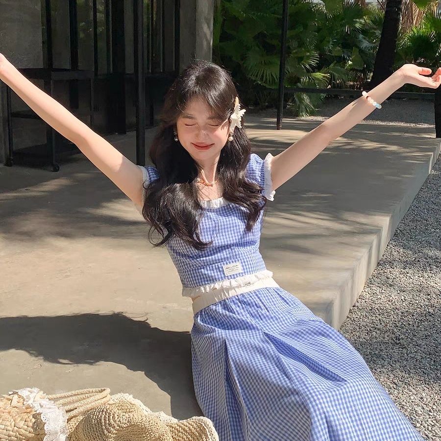 【急速発送】カラーチェック半袖ハーフスカートゆったりアルファベットTさわやかフレンチスーツ上下セット