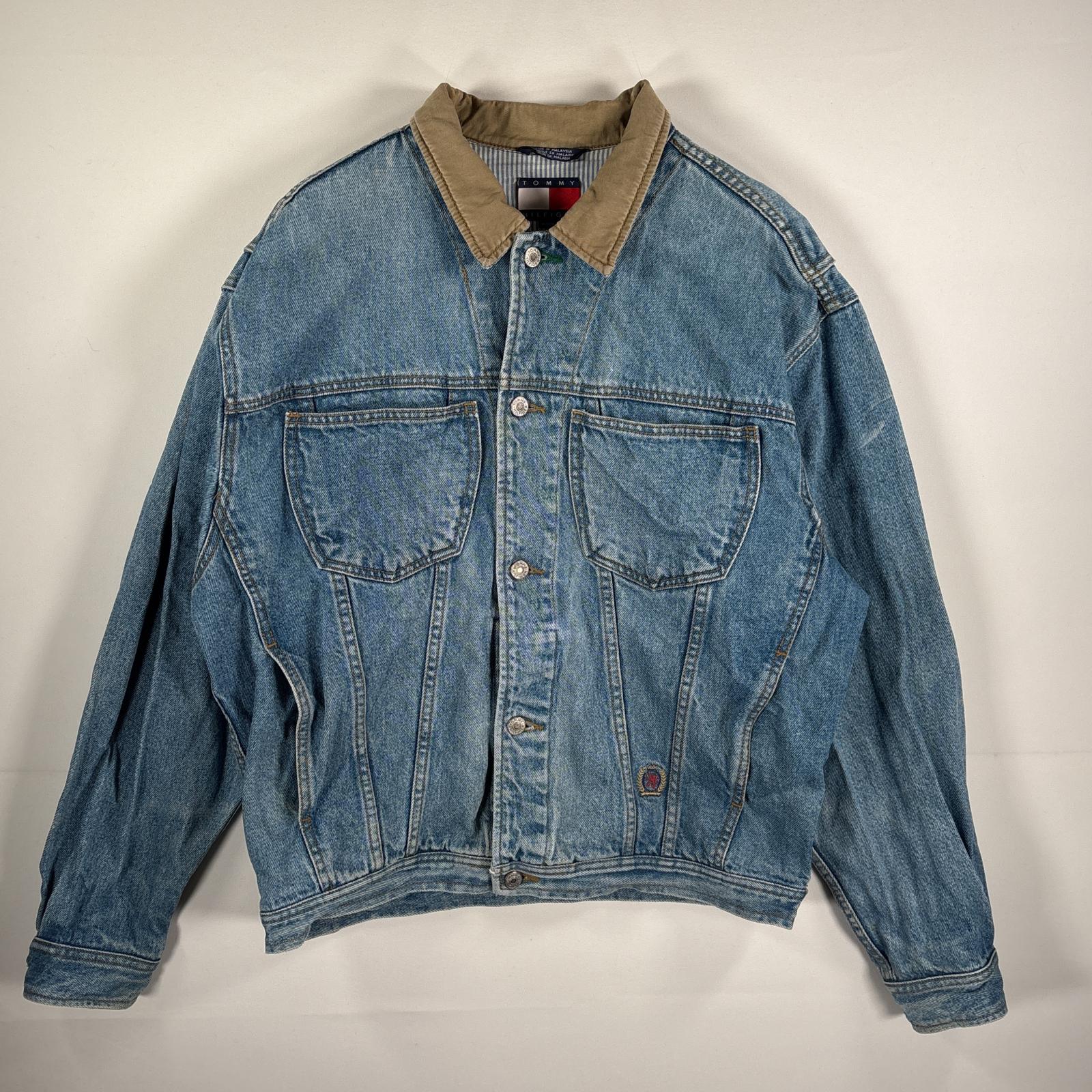 古着 90s/90年代 デニム デニムジャケット Gジャン 刺繍ロゴ 襟切り替え M ブルー系 メンズ