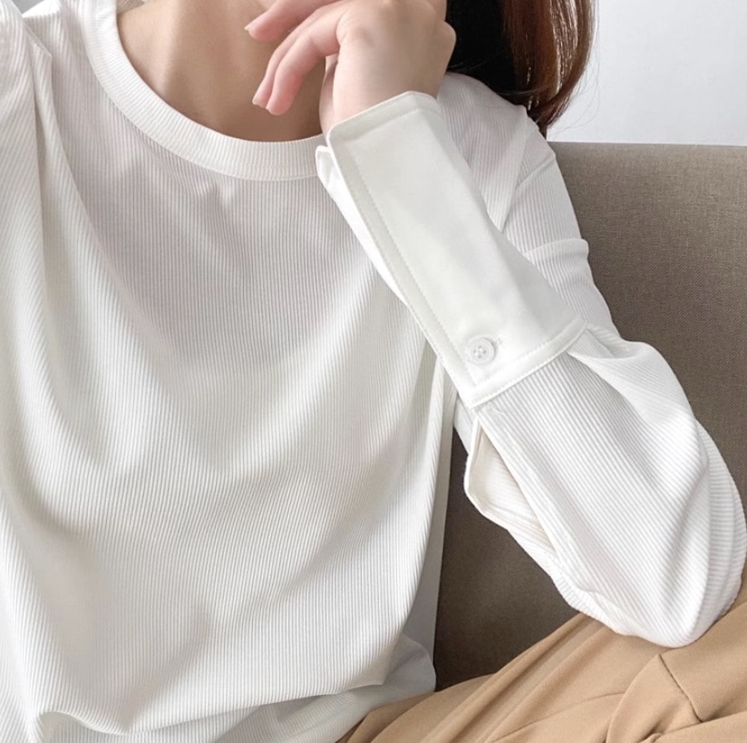 トップス Tシャツ 白トップス ミドル丈 長袖 ラウンドネック 袖スリット リブ かわいい 大人可愛い きれいめ シンプル カジュアル おしゃれ お洒落 無地 春 秋 冬 オールシーズン シーズンレス