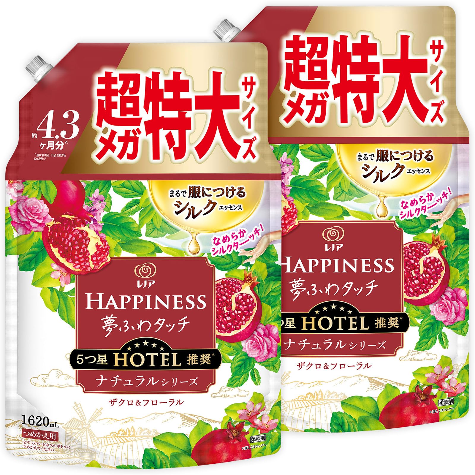 【まとめ買い】[大容量] レノア ハピネス 夢ふわタッチ 柔軟剤 ナチュラルシリーズ ザクロ＆フローラル 詰め替え 1,620mL×2袋
