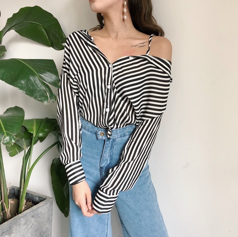 2276.オフショルダーストライプスキッパーシャツ(ブラック) 2019 春夏 新作 大人 かわいい カジュアル OL 20代 30代 デート服 女子会 100,000円